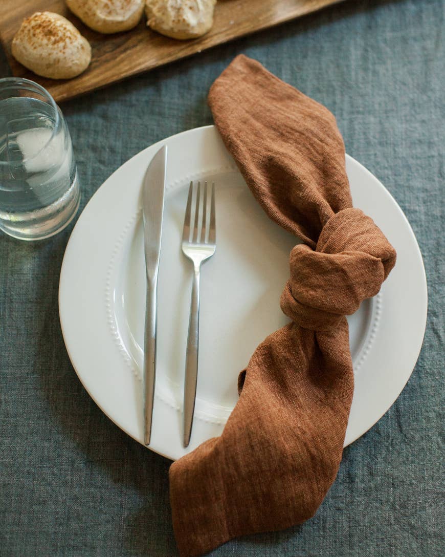 Stone Washed Linen Hemmed Dinner Napkin - Terracotta