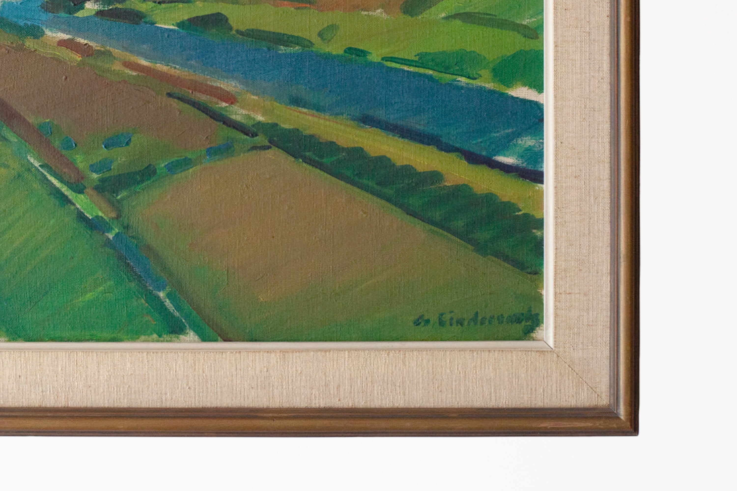 Abstract Rural Landscape Painting in Vintage Frame