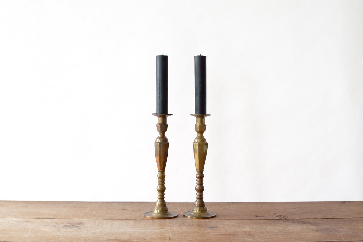 Pair of Large Brass Candleholders with Threaded Tops