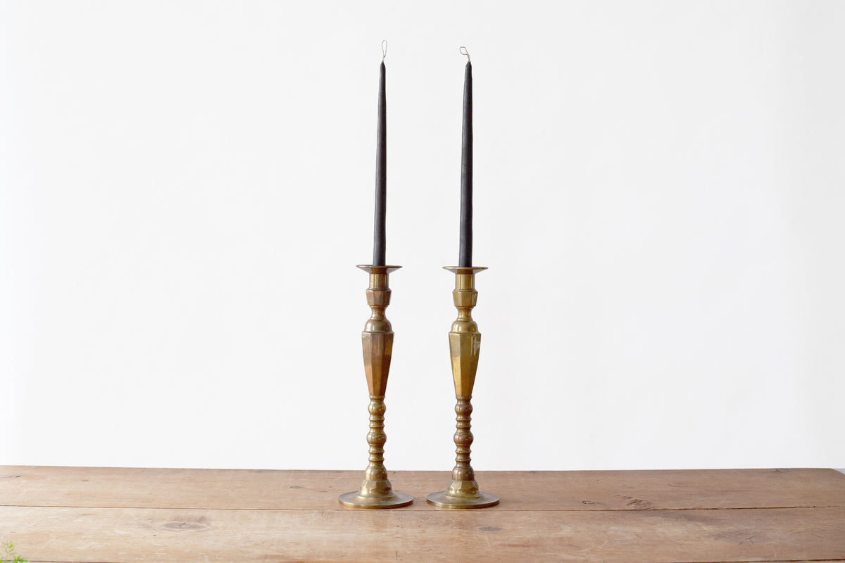 Pair of Large Brass Candleholders with Threaded Tops
