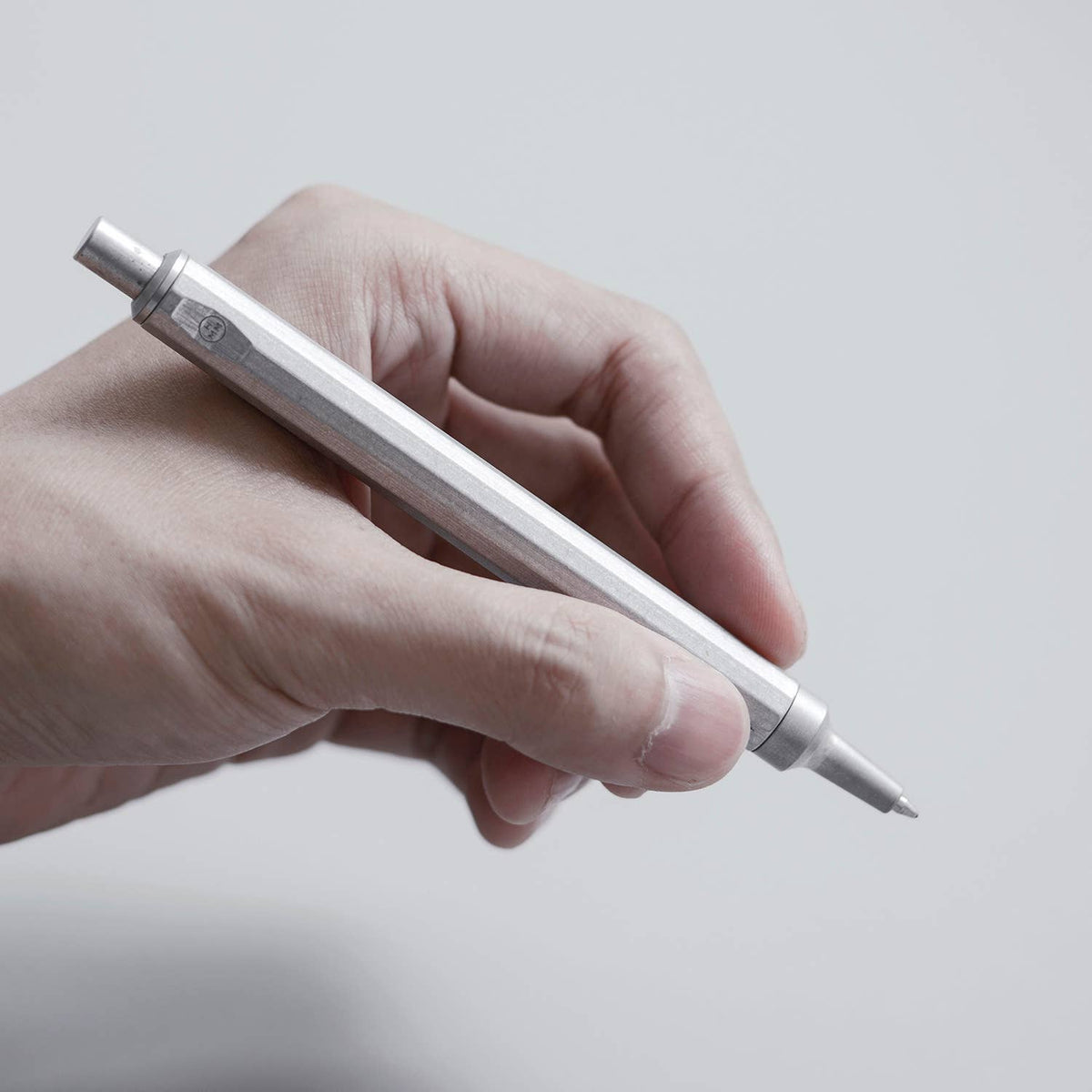 Hand holding a silver pen against a light gray background