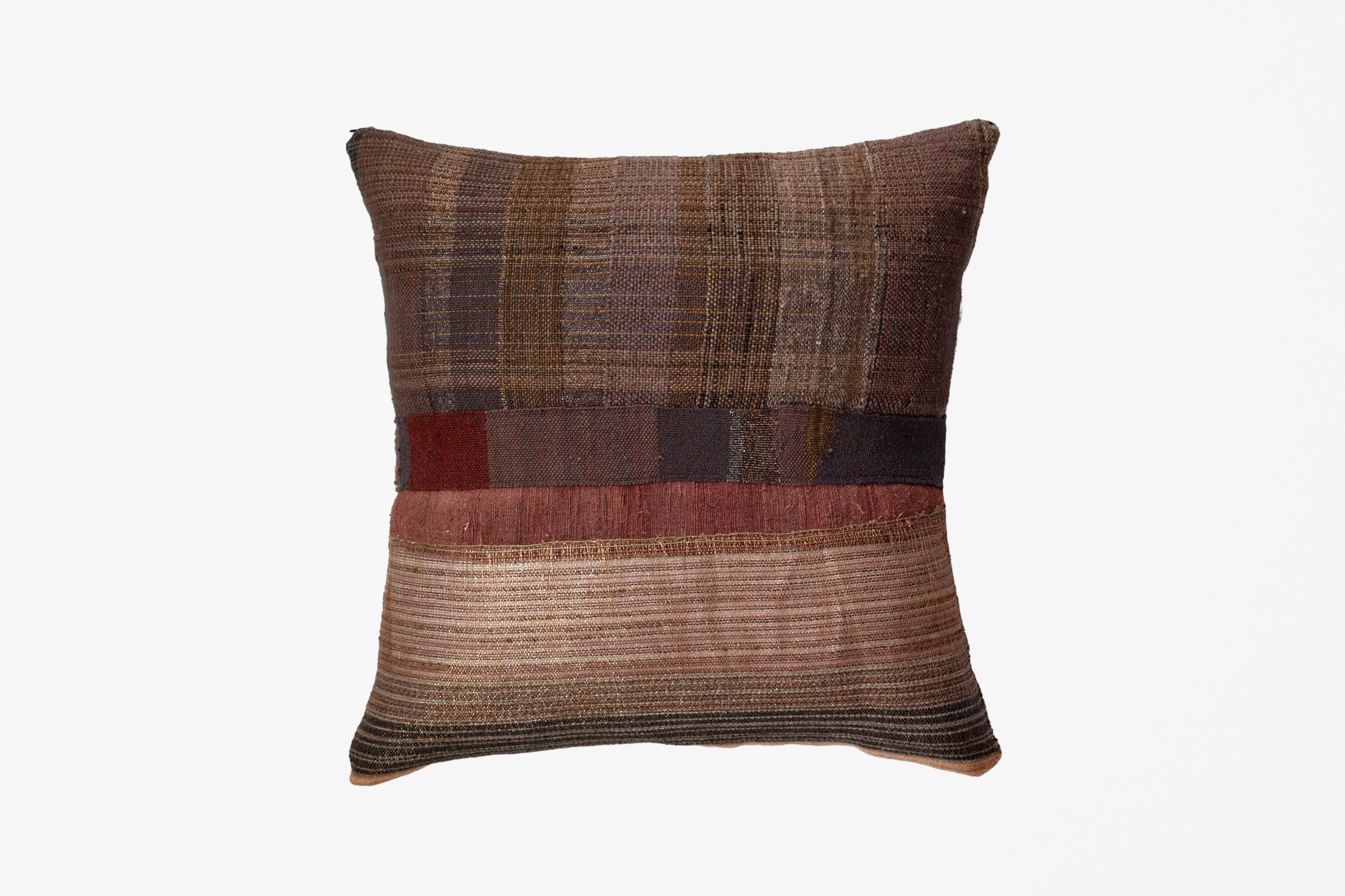 A square decorative throw pillow with a rustic, handwoven pattern in earthy brown, beige, and red tones, shown against a plain white background.