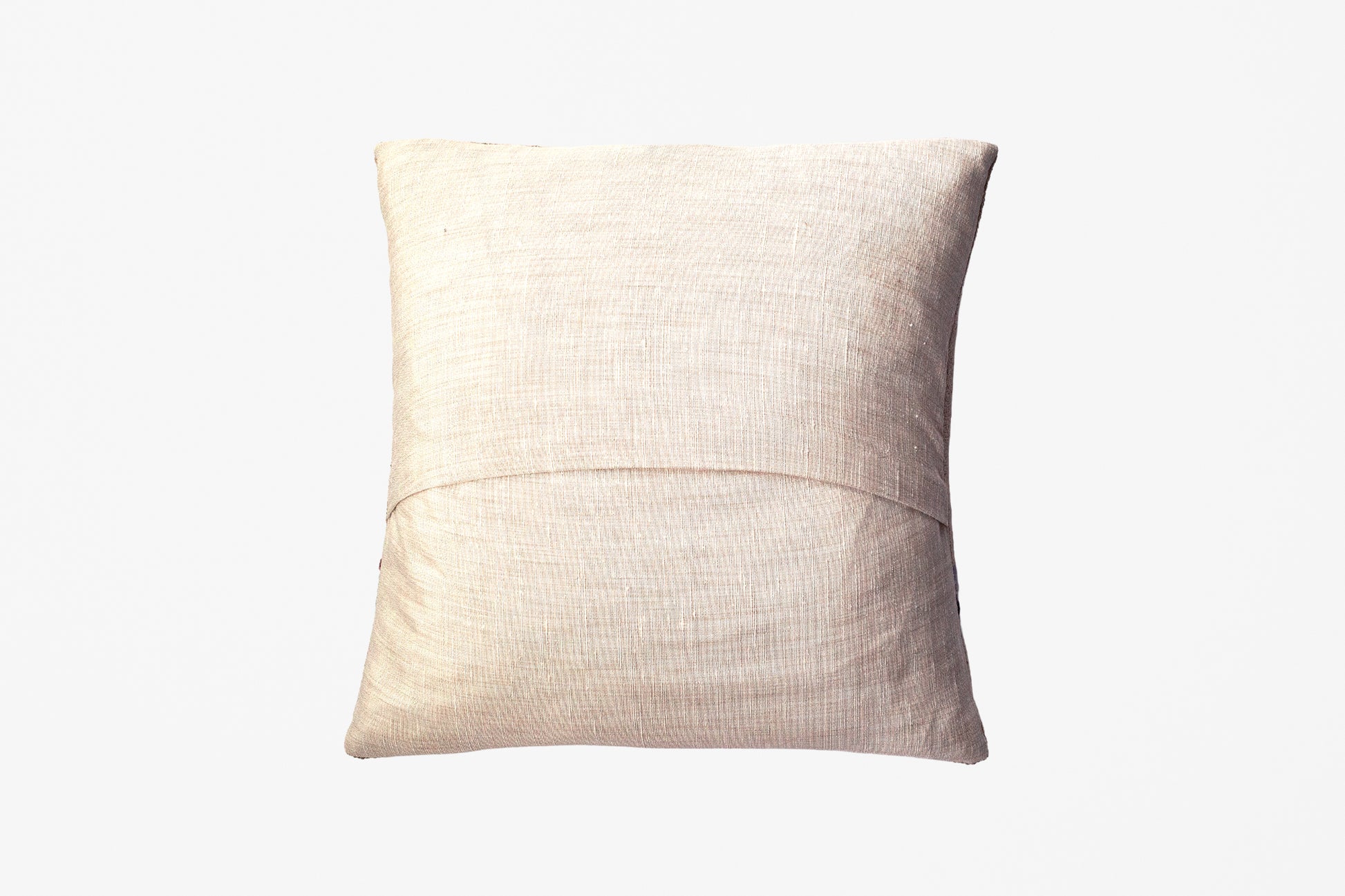 A square throw pillow in a textured beige linen fabric, featuring a horizontal stitched seam across the center, shown against a plain white background.