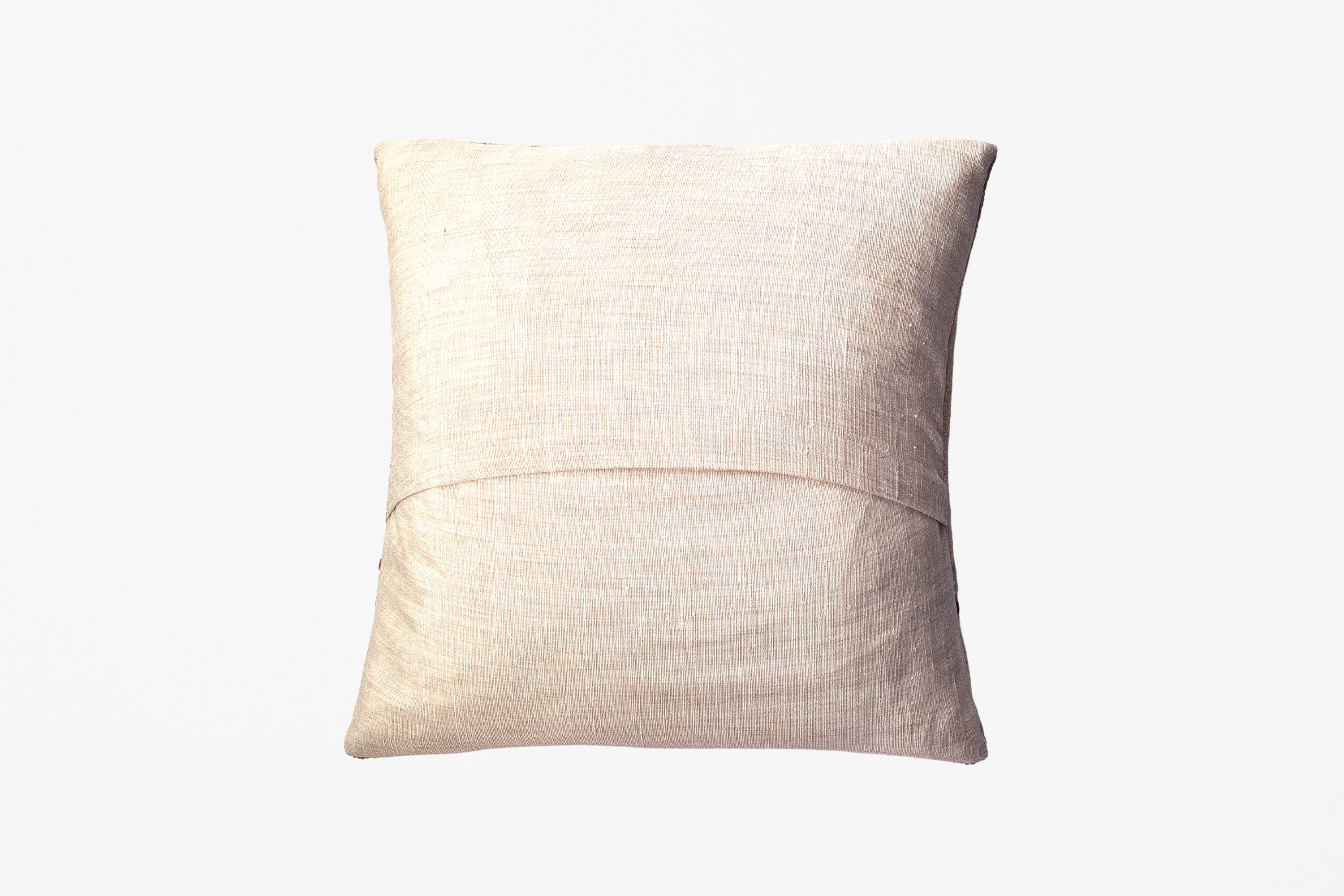 A square throw pillow in a textured beige linen fabric, featuring a horizontal stitched seam across the center, shown against a plain white background.