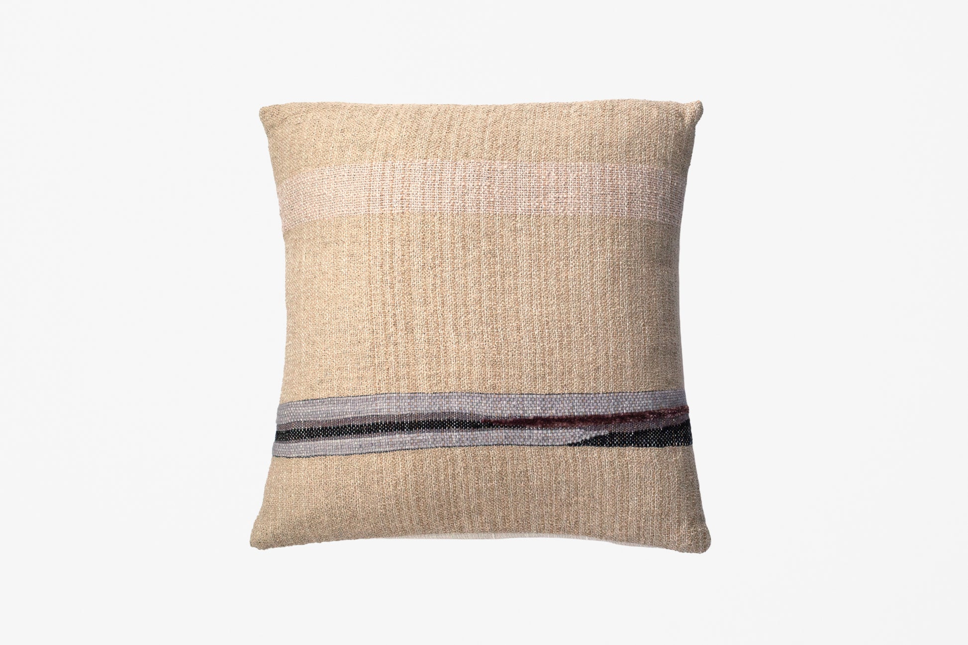 A square woven throw pillow in a textured beige fabric with horizontal stripes in light pink, gray, and dark charcoal near the bottom, shown against a plain white background.