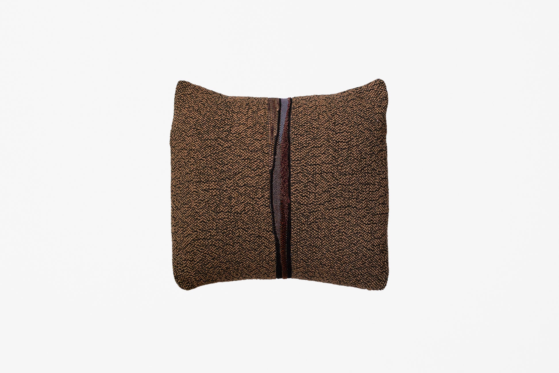 An extra small handwoven tapestry pillow in variegated brown with a center stripe of violet, brown, and rusty orange against a white background.