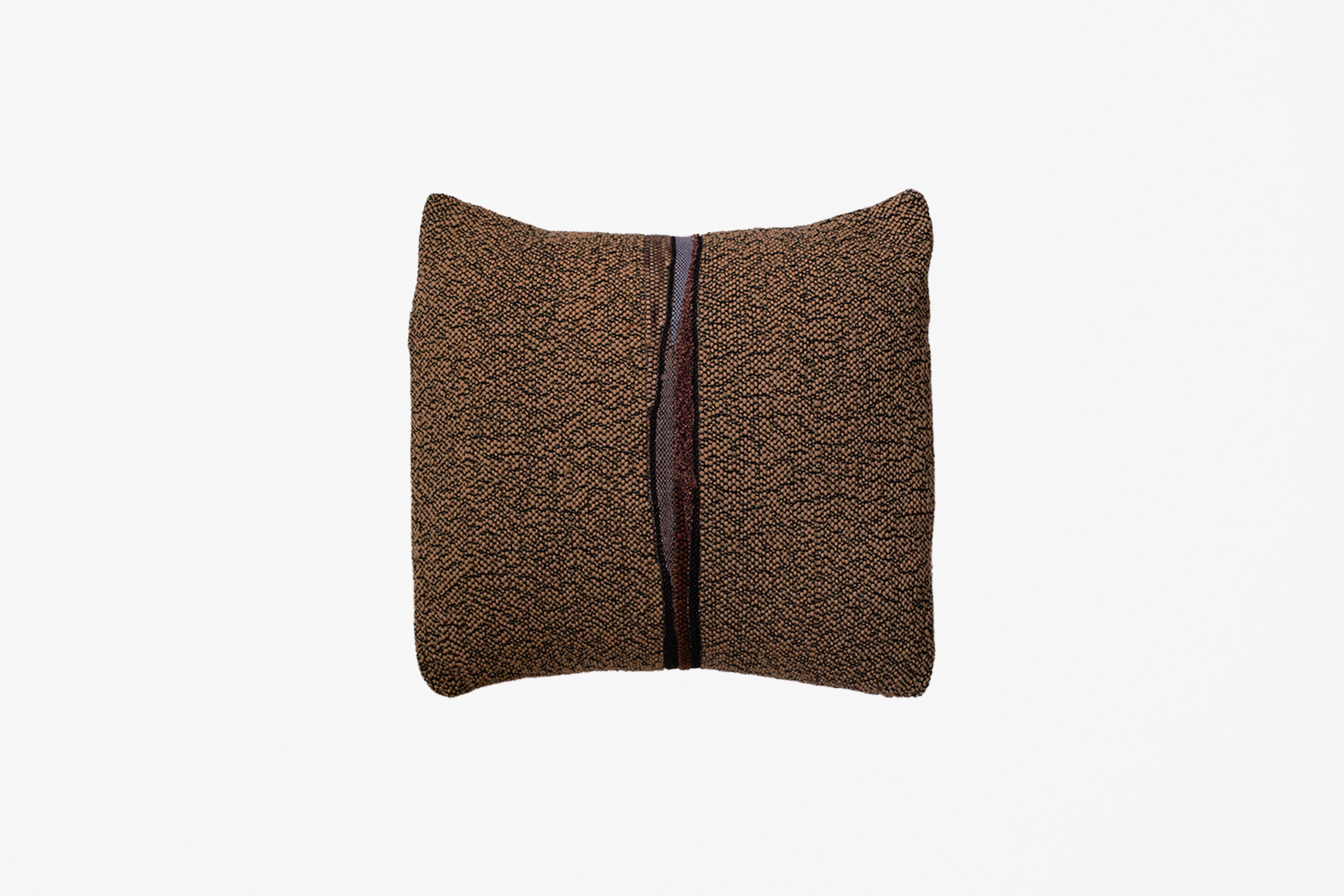 An extra small handwoven tapestry pillow in variegated brown with a center stripe of violet, brown, and rusty orange against a white background.