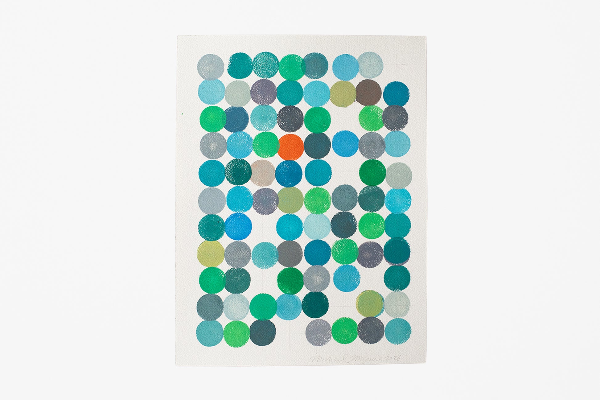 An original abstract art print featuring small colorful circles in a grid pattern.