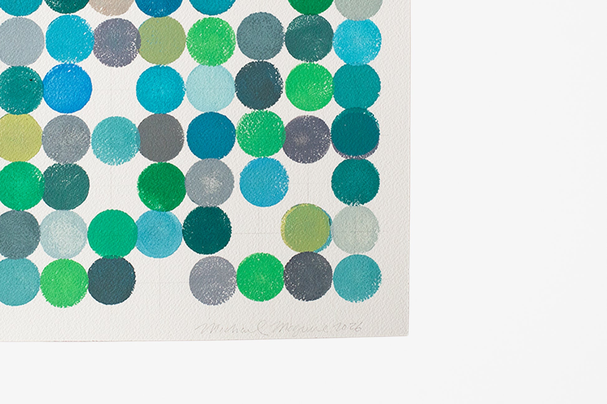 A detail of an original abstract art print featuring small colorful circles in a grid pattern.