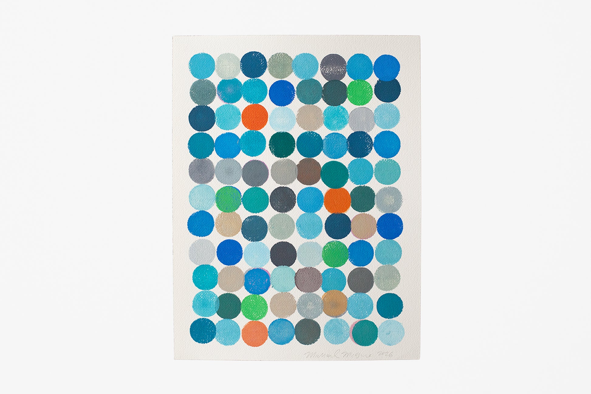 An original abstract art print featuring small colorful circles in a grid pattern.