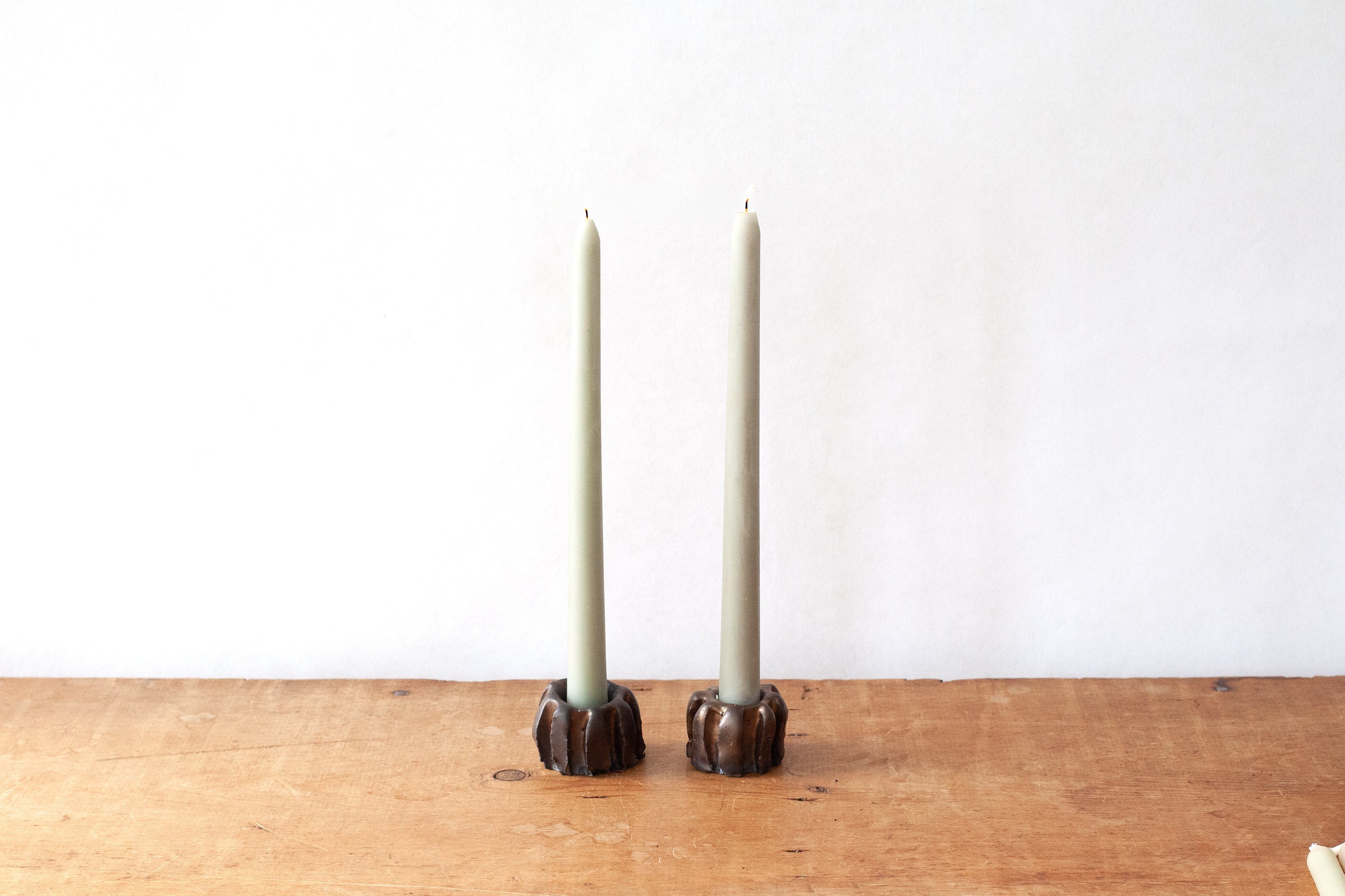 Pair of Ribbed Candleholders - Bronze