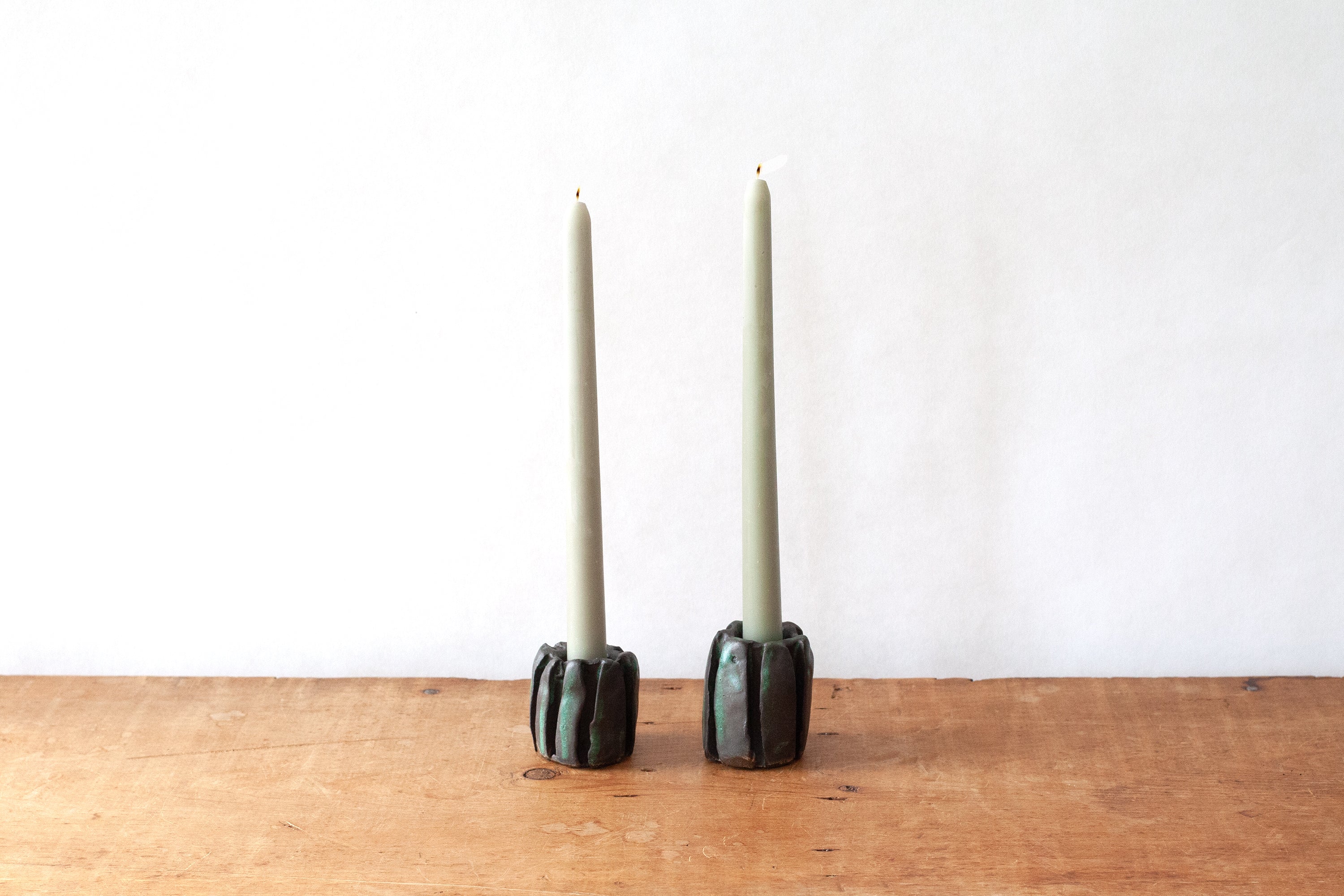 Pair of Ribbed Candleholders - Green Patina