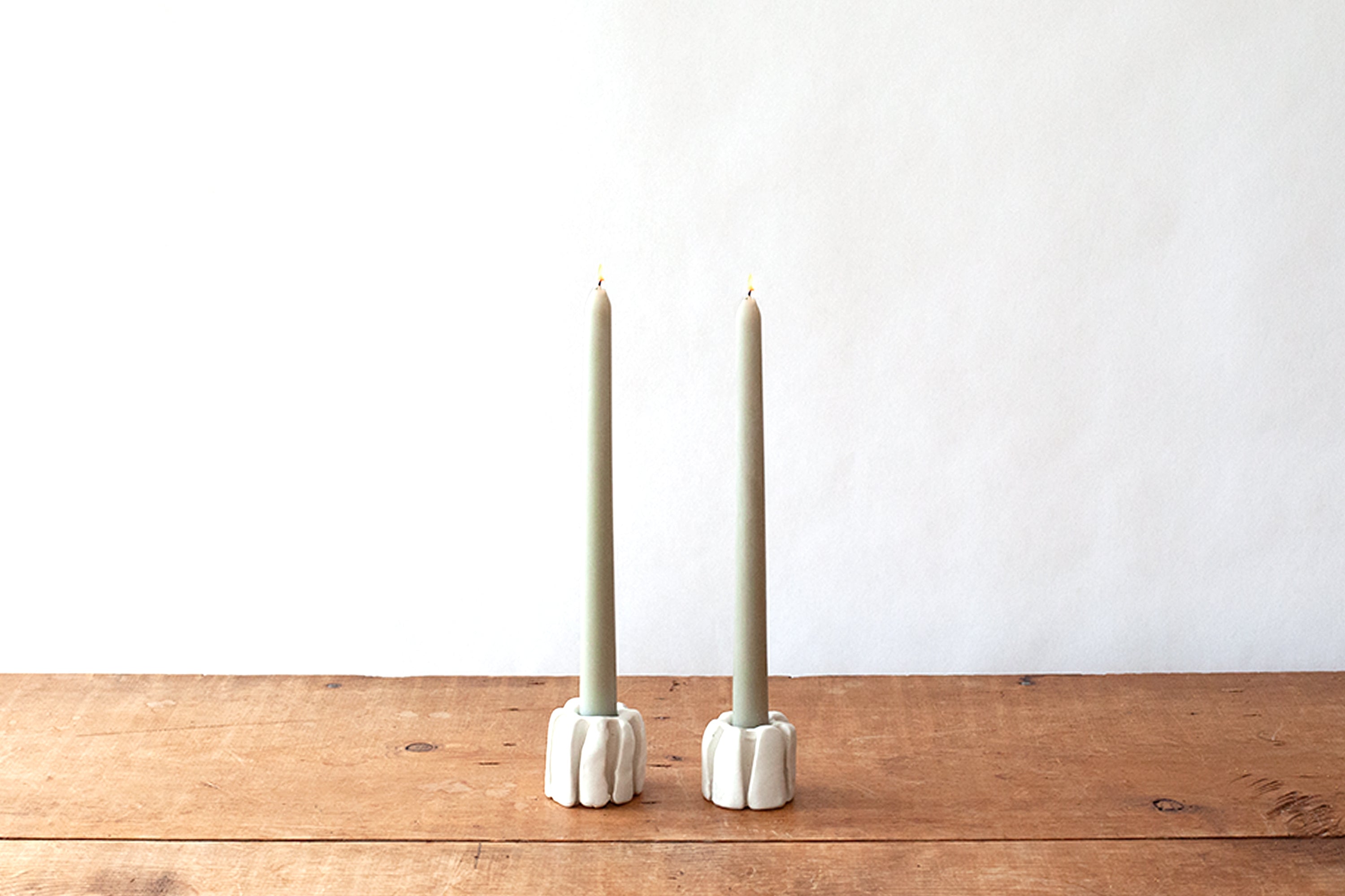 Pair of Short Ribbed Candleholders - White