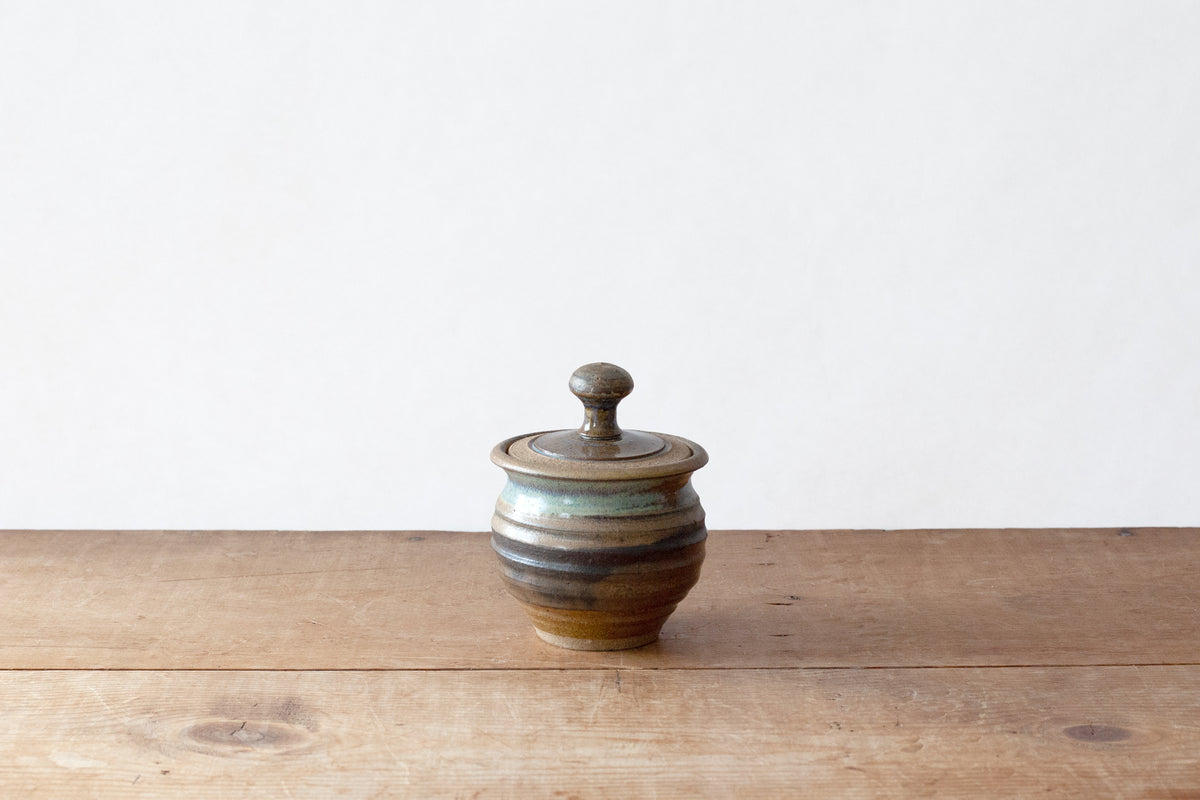 Studio Pottery Lidded Jar - Browns with Blue