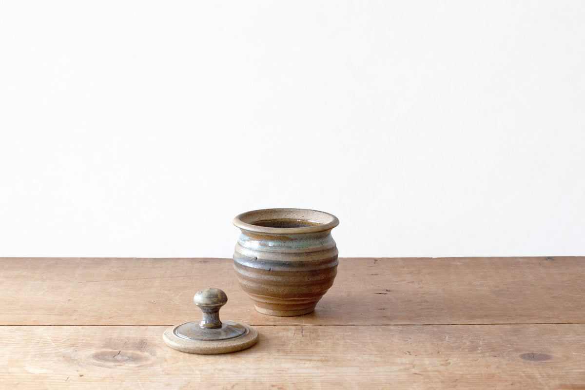 Studio Pottery Lidded Jar - Browns with Blue