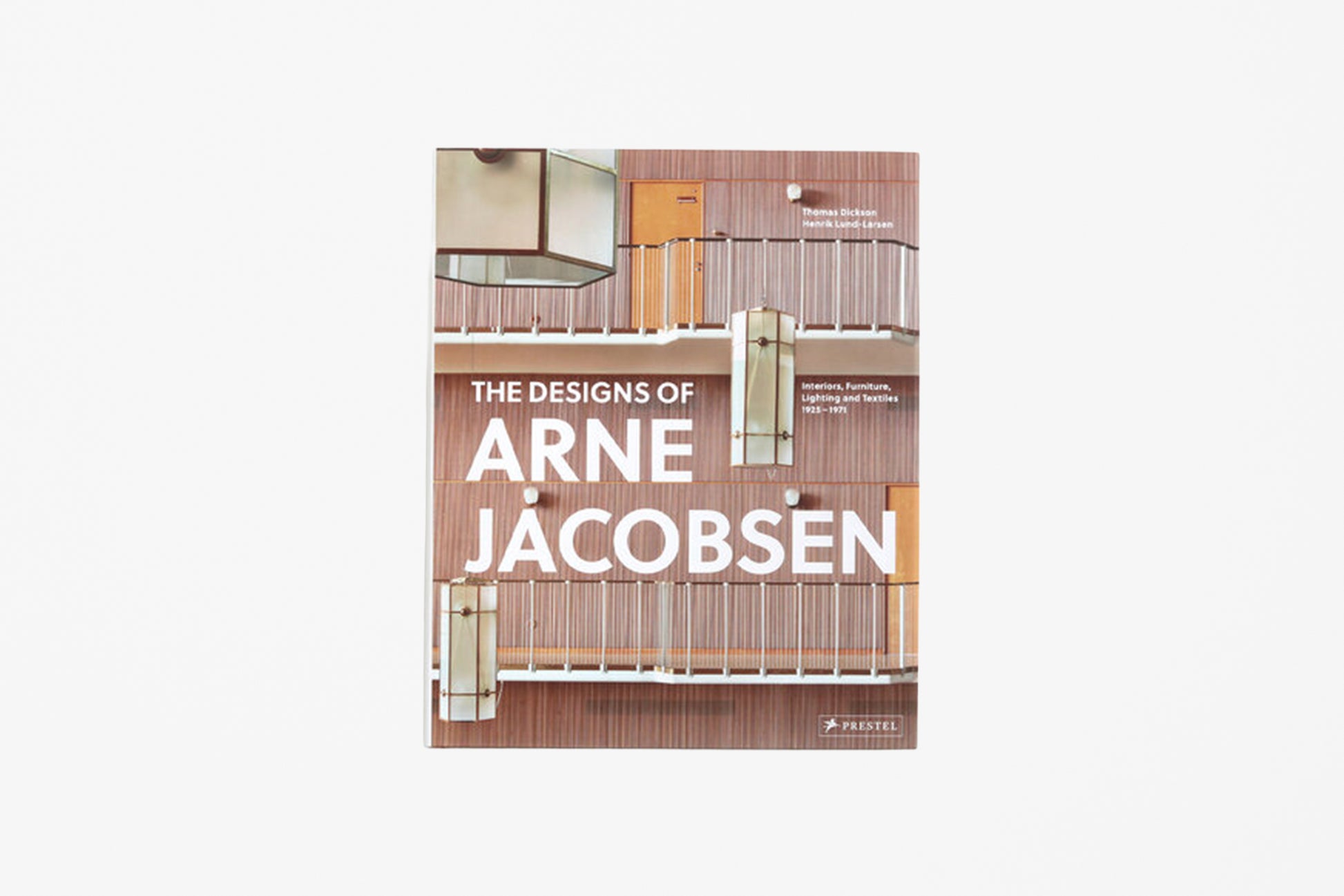 The book cover of 'The Designs of Arne Jacobsen' featuring a modern architectural design in warm brown, beige, and white tones, centered on a light gray background.