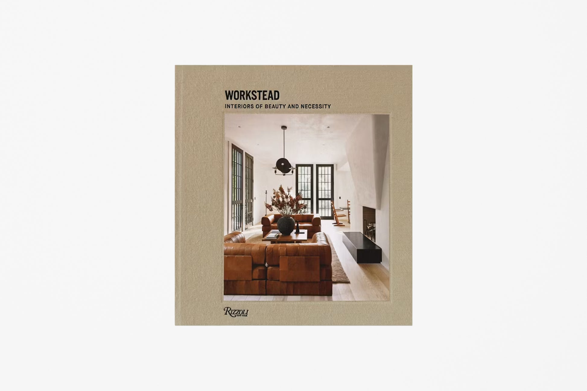 A book titled "WORKSTEAD" with the subtitle "INTERIORS OF BEAUTY AND MODERNITY," featuring a photograph of a modern living room with brown leather seating and large windows, centered on a light gray background.